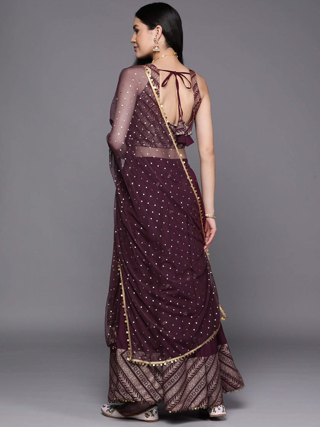 Indian Clothing Ahalyaa Purple & Gold-Toned Printed Sequinned Foil Print Ready to Wear Lehenga & Blouse With Dupatta