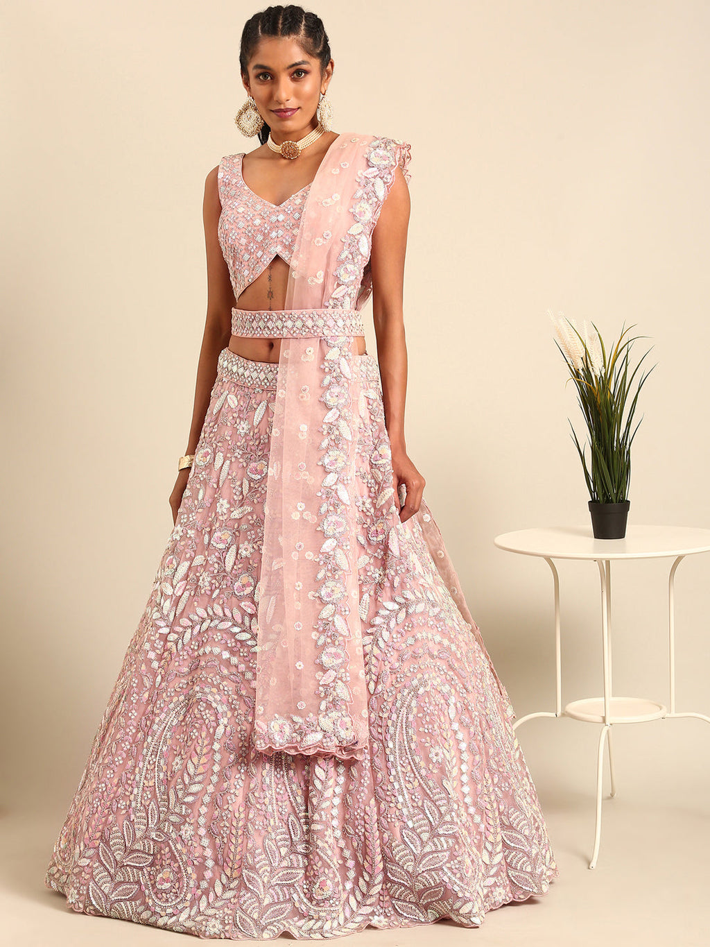 House of Panchhi Pink Net Multi Sequins with heavy Zarkan embroidery Lehenga choli & Dupatta