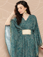 Ahalyaa Women Floral Printed Flared Sleeves Patchwork Belted Detail Crepe Kaftan Kurta - Distacart