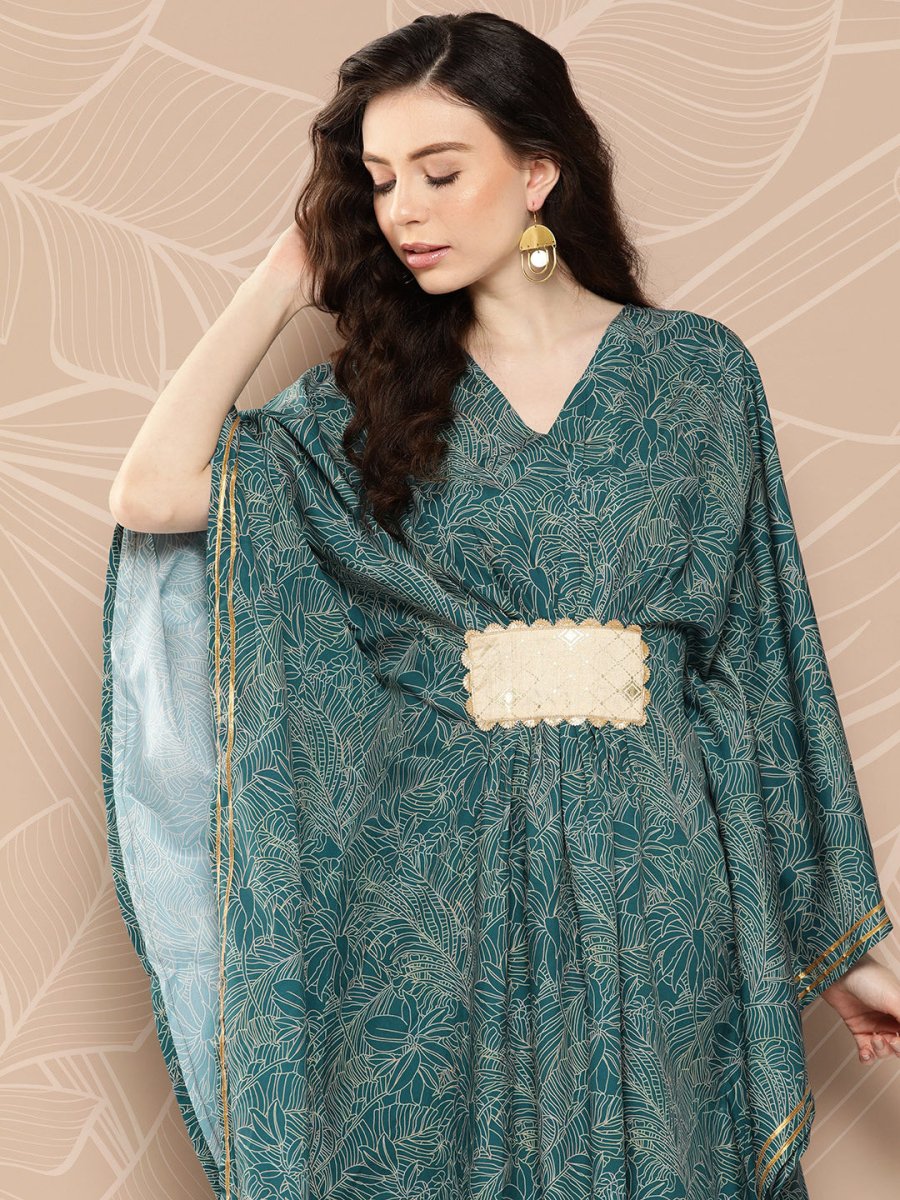 Ahalyaa Women Floral Printed Flared Sleeves Patchwork Belted Detail Crepe Kaftan Kurta - Distacart