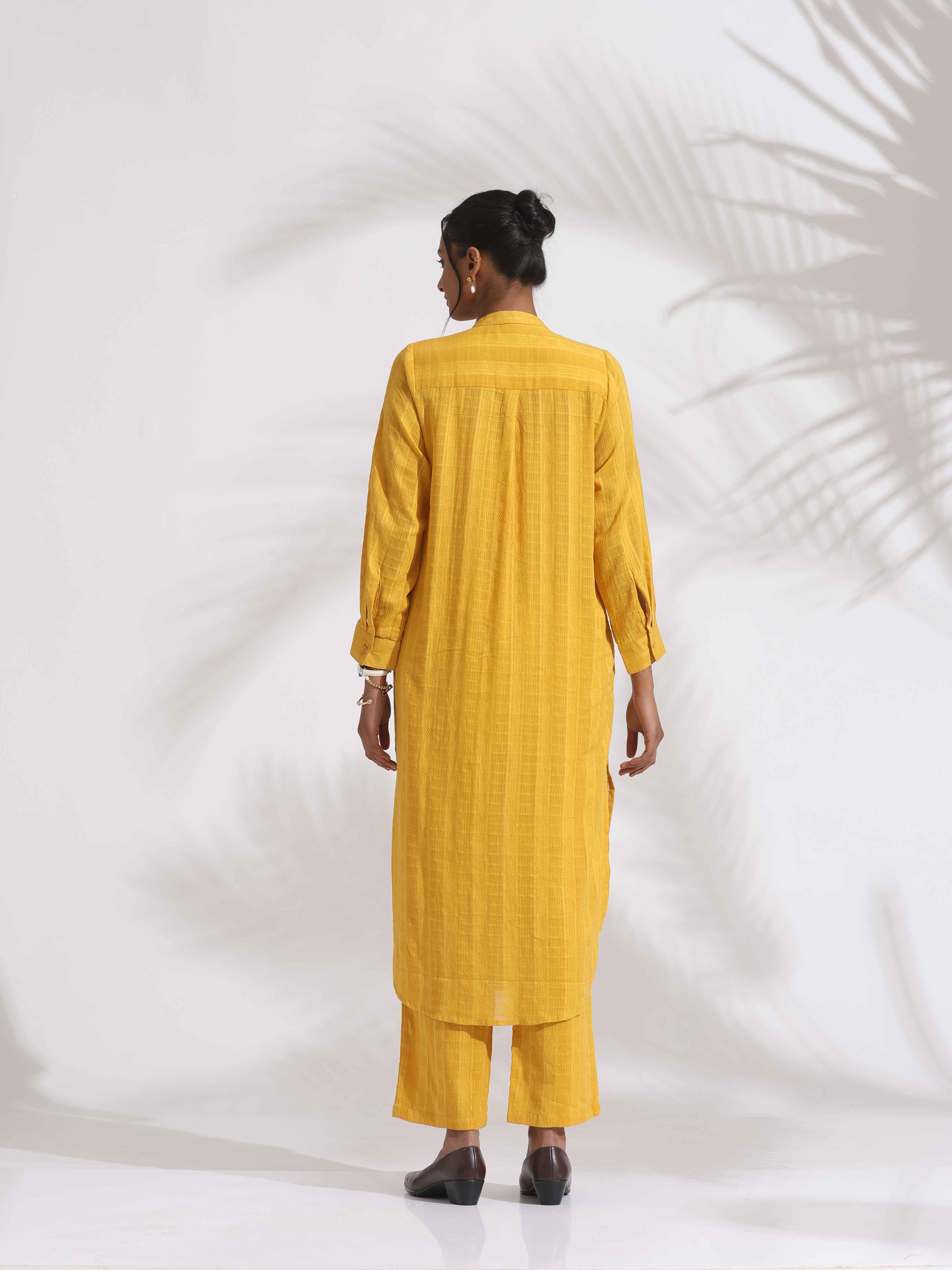 trueBrowns Yellow Cotton Pleated Shirt Kurta Set - Distacart