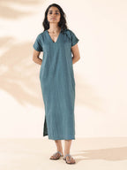 trueBrowns Turquoise Cotton Dobby Dress - Distacart