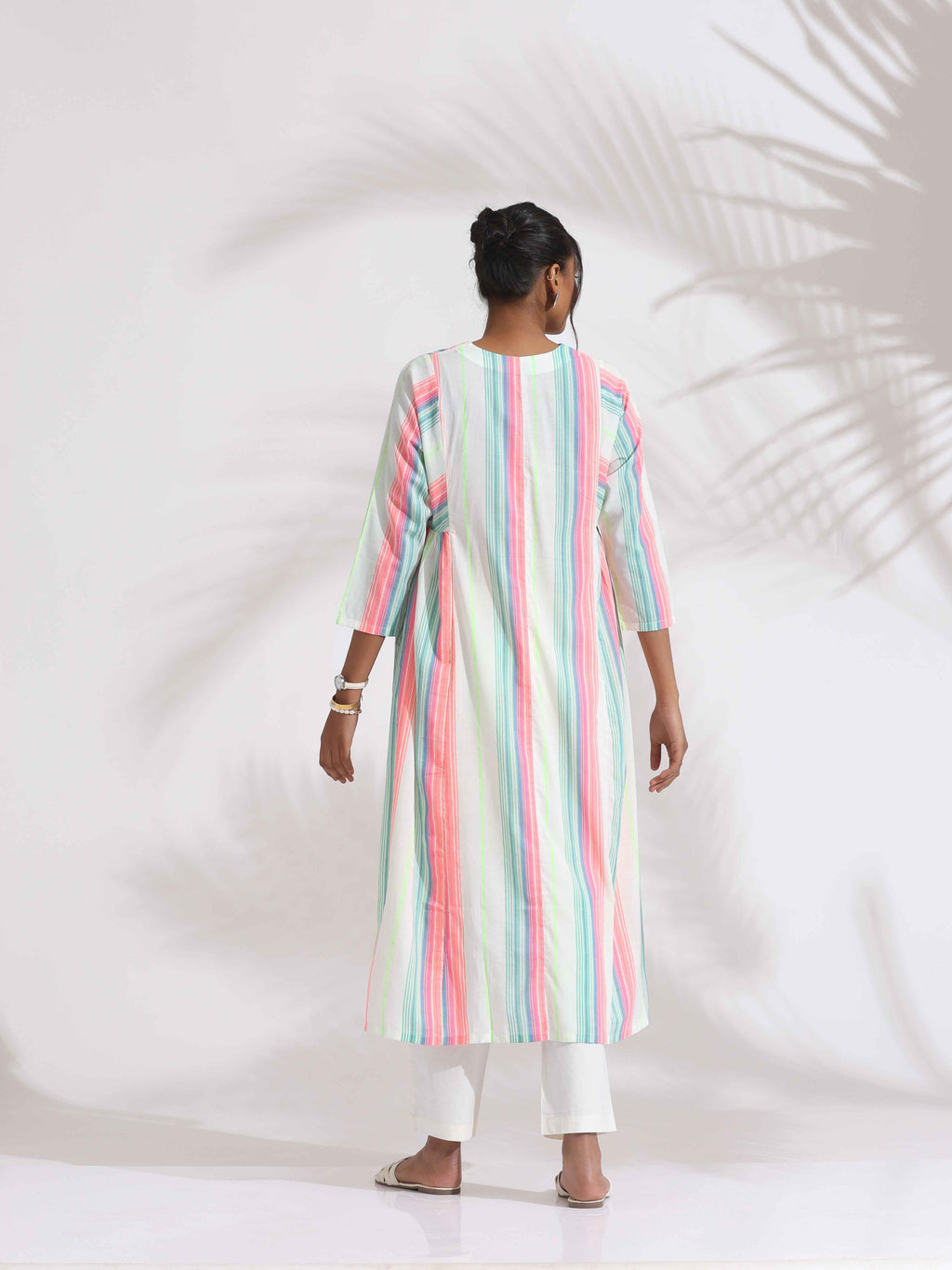 trueBrowns Off-White Cotton Multi Stripe Flared Kurta Set - Distacart
