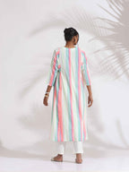trueBrowns Off-White Cotton Multi Stripe Flared Kurta Set - Distacart