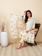 Antaran Cream Pure Cotton Floral Printed Kurta Pant And Dupatta Set - Distacart