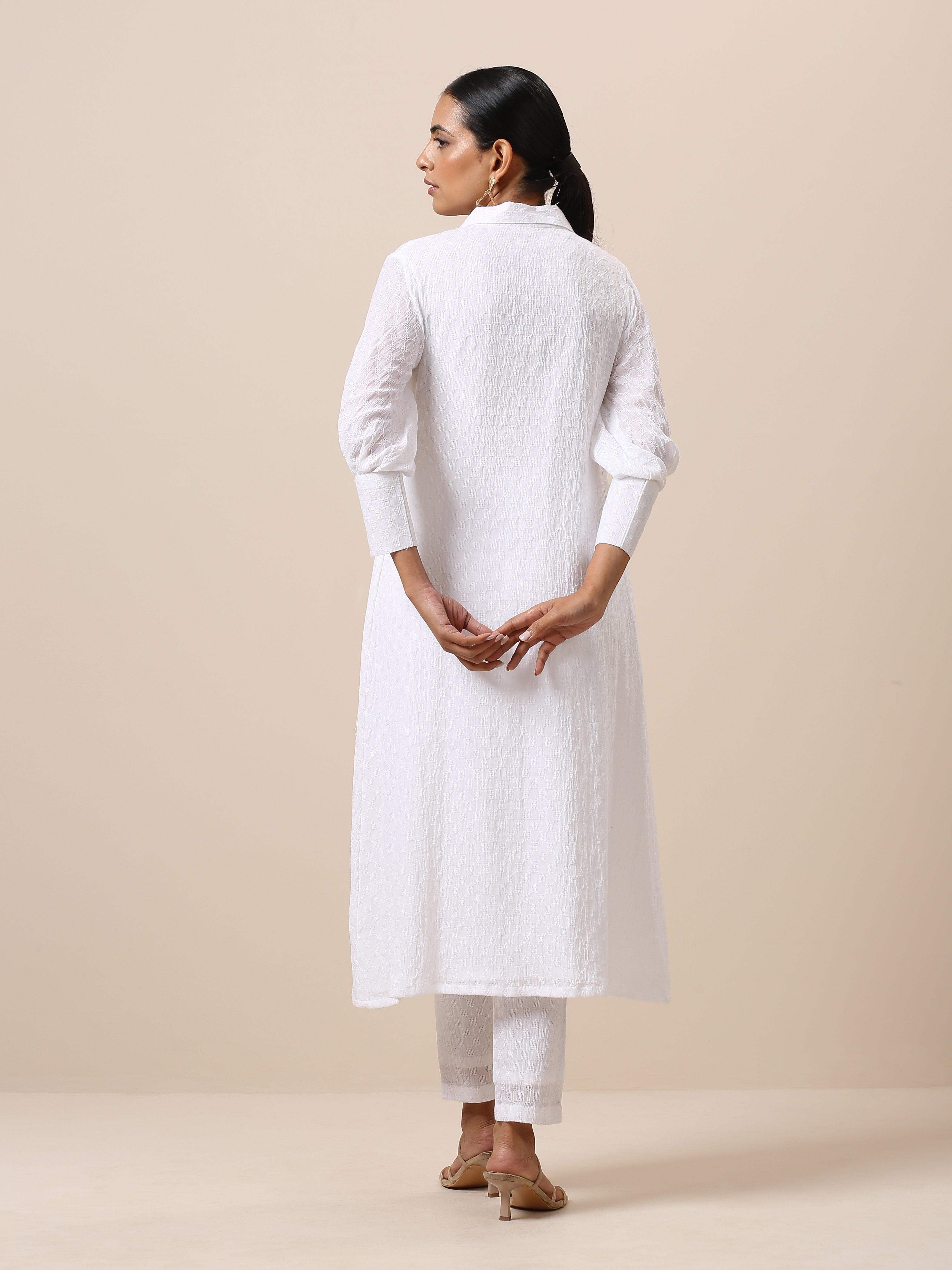 trueBrowns Cotton White Weave Collar Kurta Pant Set | Relove - Distacart