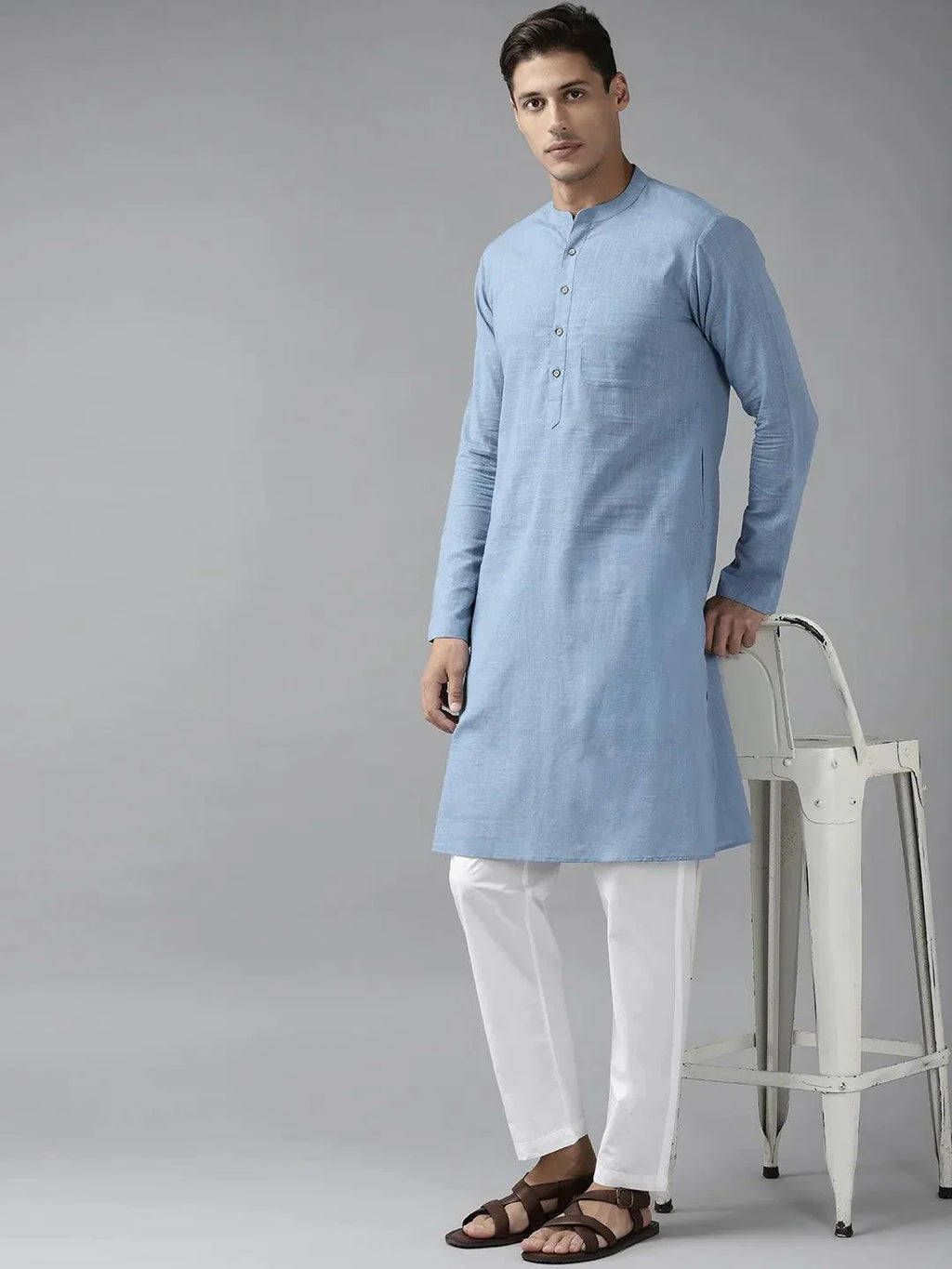 Fabmade Men Blue Cotton Linen Kurta