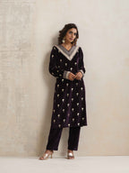 trueBrowns Wine Velvet Floral Embroidered Kurta Pant Dupatta Set - Distacart