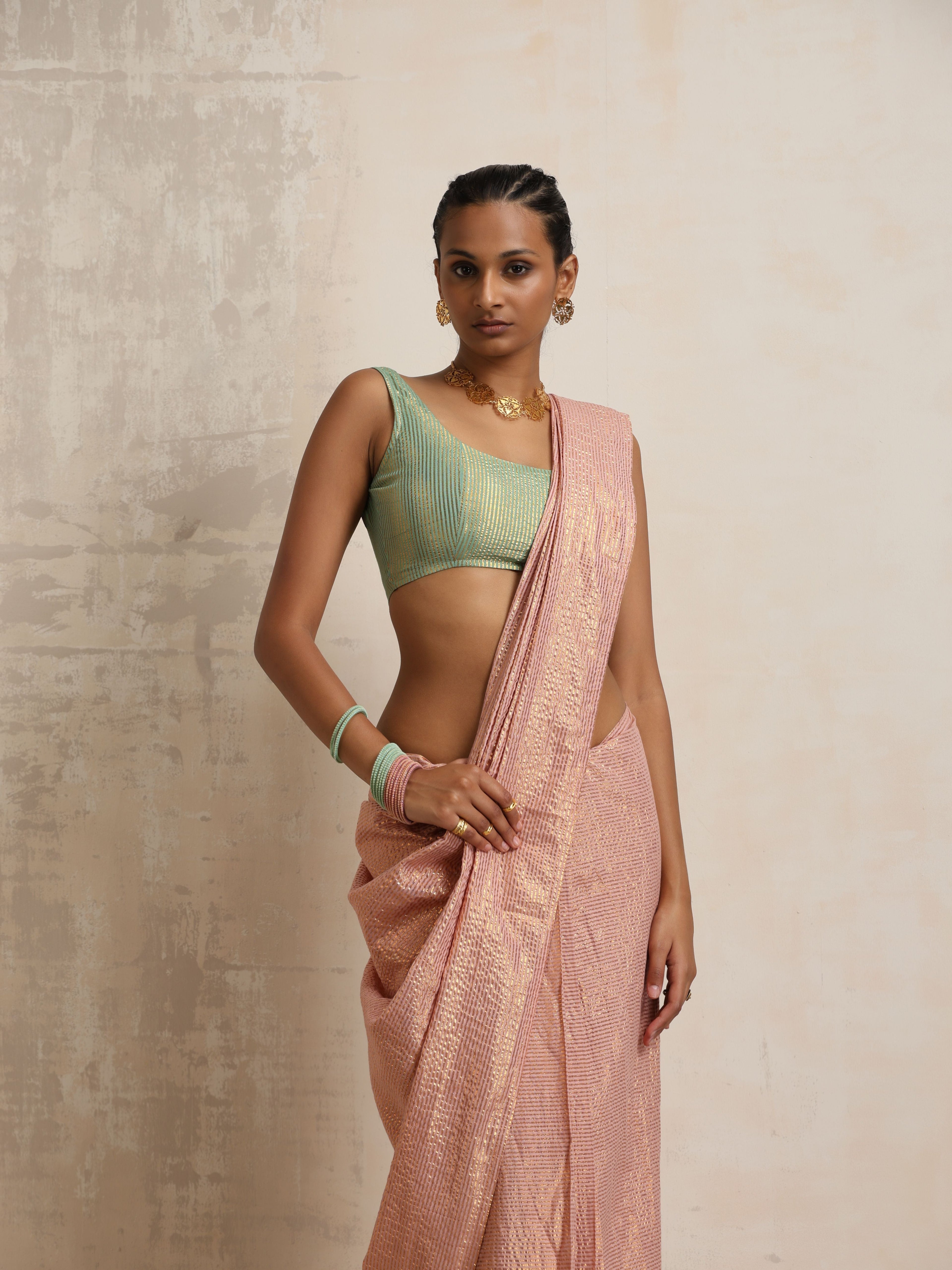 trueBrowns Pink Gold Lurex Ready To Wear Saree