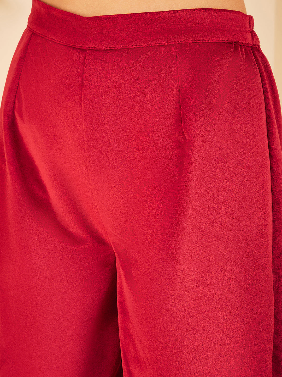 InWeave Women's Barn Red V Neck Asymmetrical Pleated Velvet Kurta Set