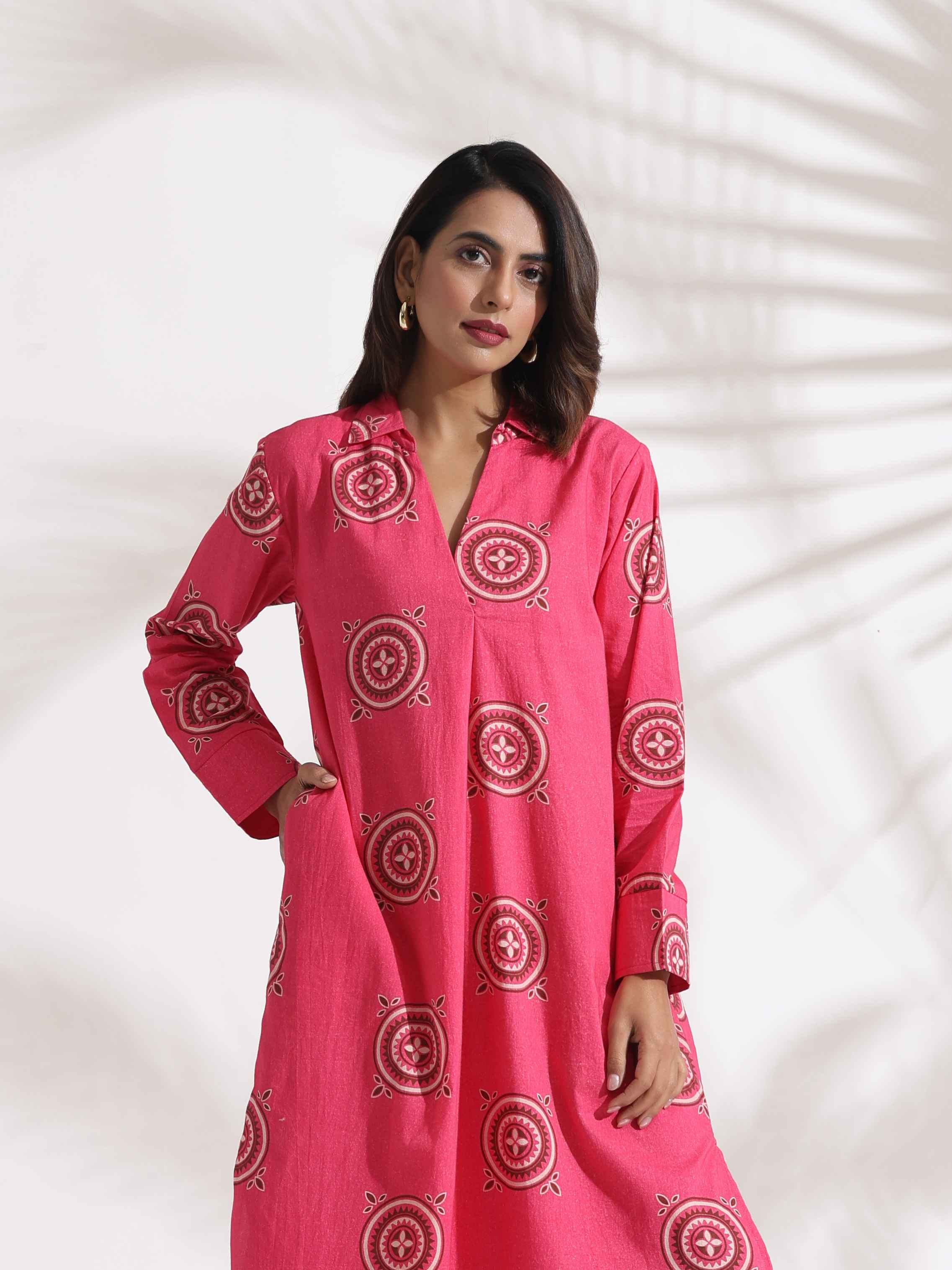 trueBrowns Pink Cotton Print A-line Dress - Distacart
