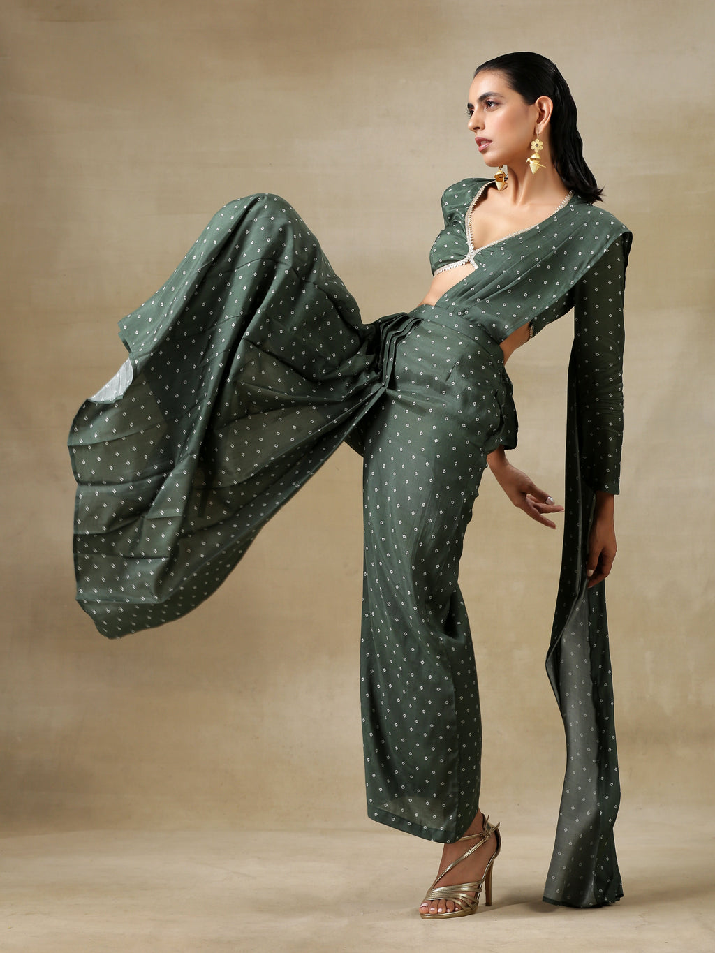 trueBrowns Dark Green Bandhani Printed Silk Palazzo Stitched Saree