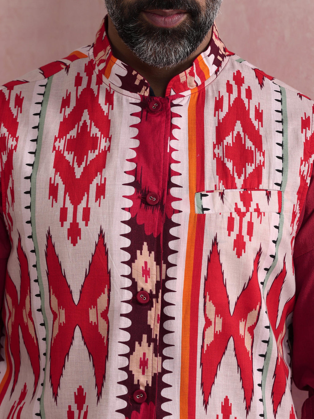 trueBrowns Men's Maroon Ikat Print Cotton Reversible Nehru Jacket