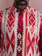 trueBrowns Men's Maroon Ikat Print Cotton Reversible Nehru Jacket