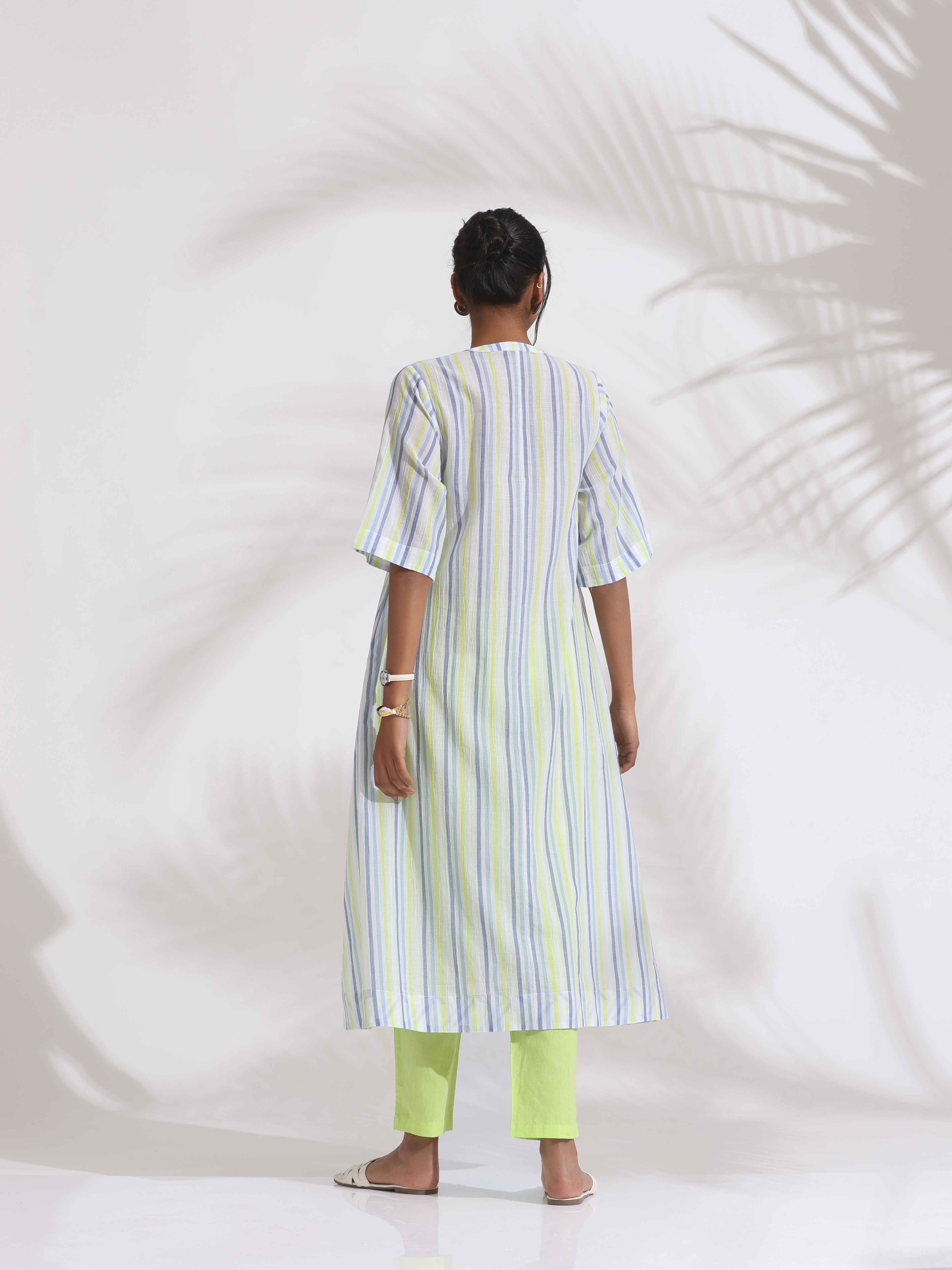 trueBrowns White Cotton Multi Stripe Flared Kurta Set - Distacart