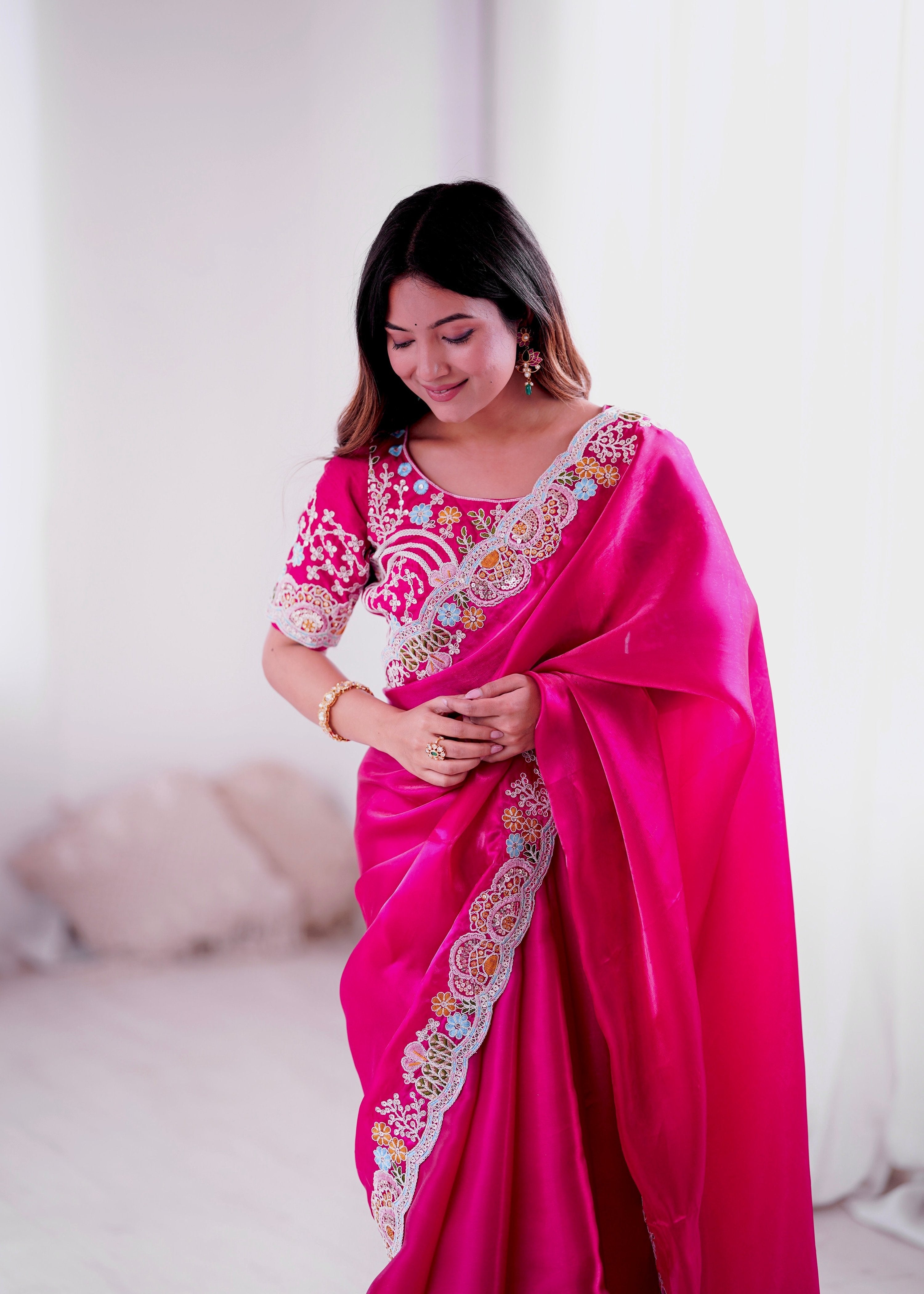 Lorenvalley Fashion Magenta Jimmy Choo with Embroidery Threads Codding & Sequins Work Saree with Blouse - Distacart