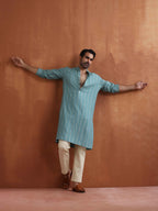 trueBrowns Men's Green Textured Cotton Dobby Kurta