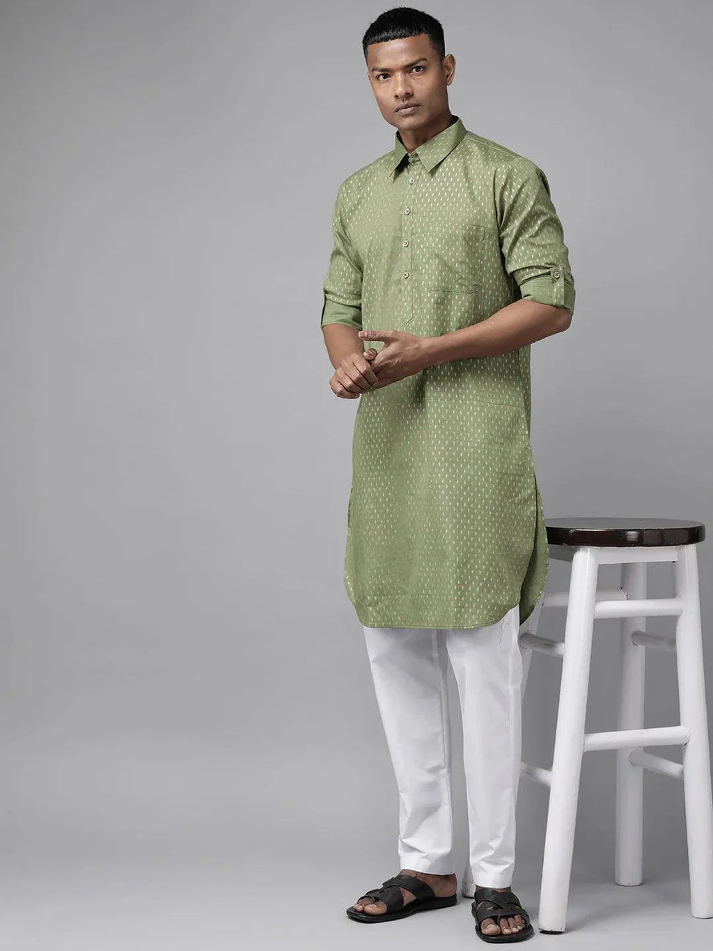 Fabmade Pure Cotton Olive Green Printed Pathani Kurta