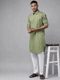 Fabmade Pure Cotton Olive Green Printed Pathani Kurta