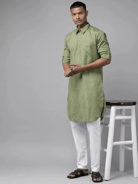 Fabmade Pure Cotton Olive Green Printed Pathani Kurta