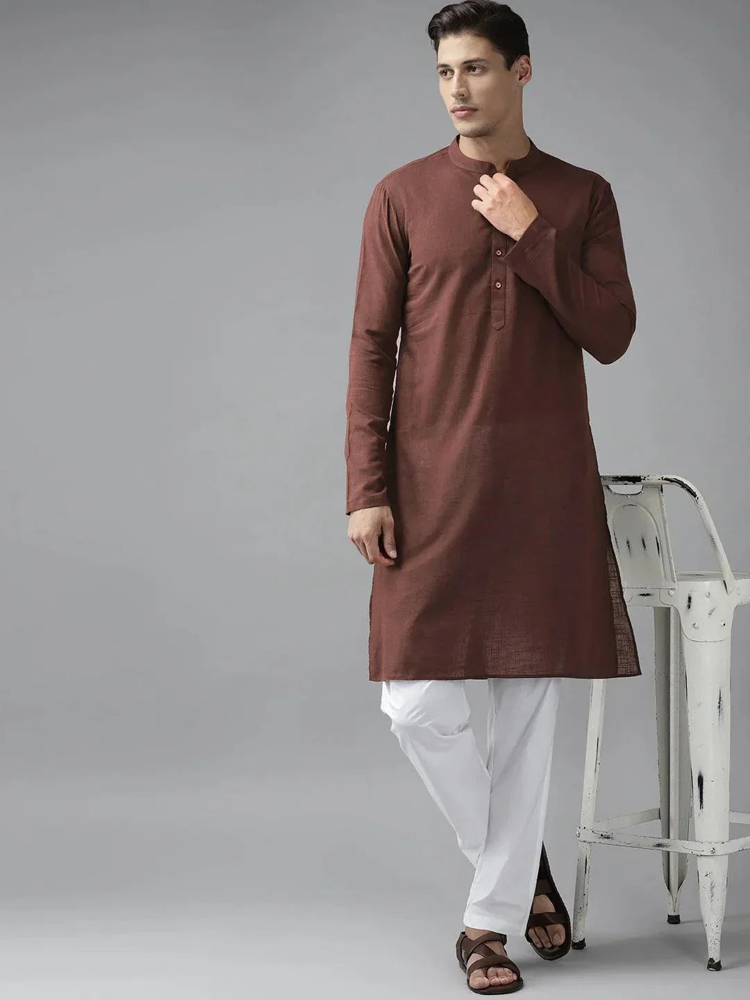 Fabmade Men Brown Cotton Linen Kurta