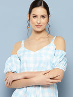 Ahalyaa Checked Cold-Shoulder Sleeves Midi Empire Ethnic Dress - Distacart