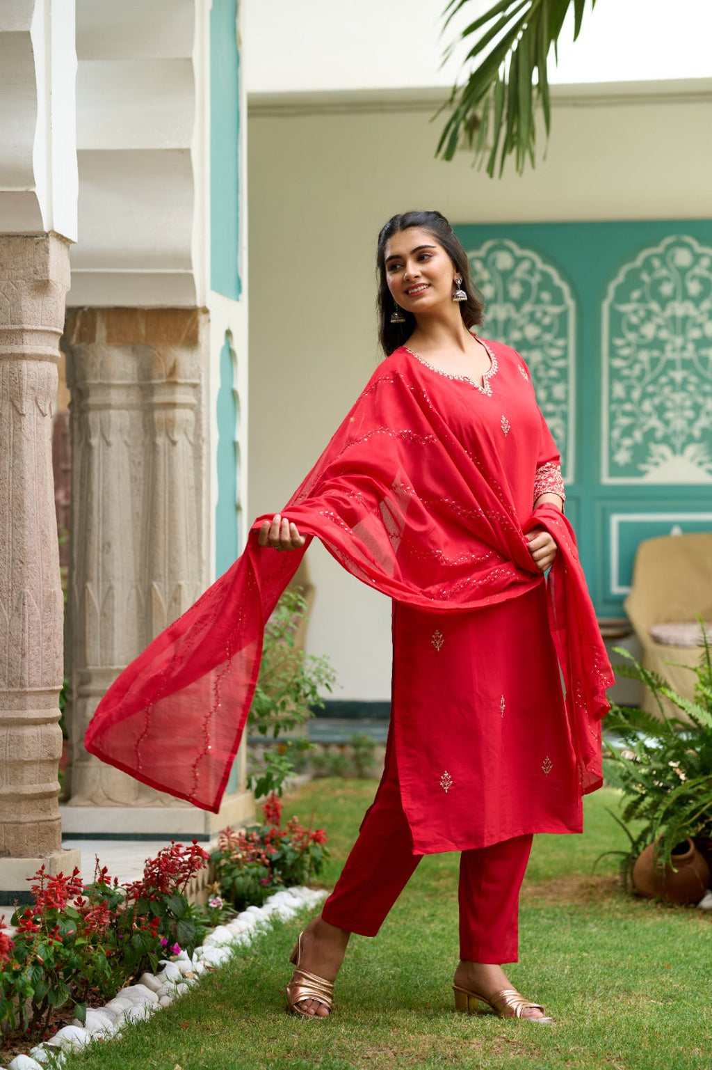 The52 Gajari Red Embroidered Chanderi Fabric Straight Kurta, Pant and Dupatta Set - Distacart