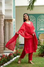 The52 Gajari Red Embroidered Chanderi Fabric Straight Kurta, Pant and Dupatta Set - Distacart