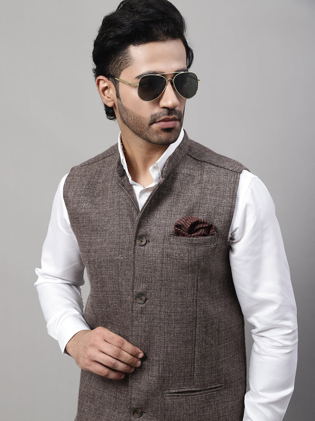 Even Apparels Men's Brown Nehru Jacket With Welt Pockets