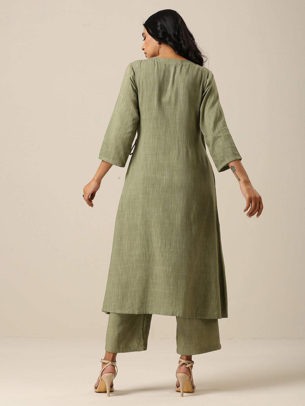 trueBrowns Sage Slub Texture Angrakha Pant Set | Relove - Distacart