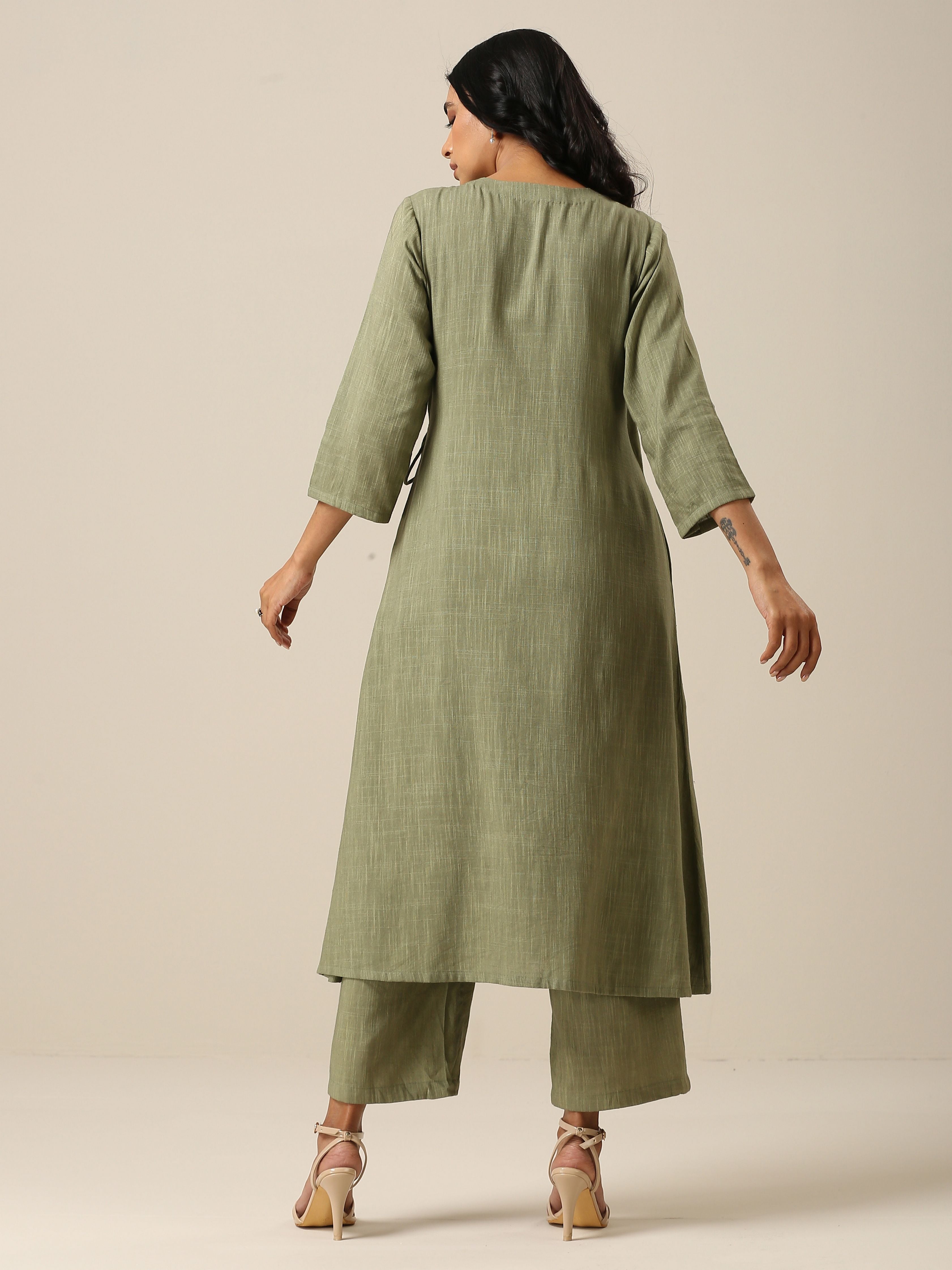 trueBrowns Sage Slub Texture Angrakha Pant Set | Relove - Distacart