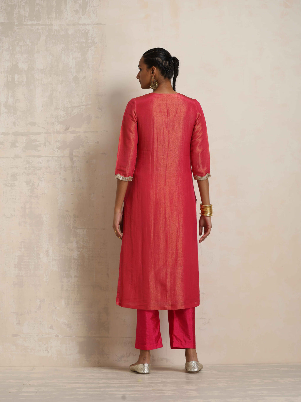 trueBrowns Hot Pink Tissue Straight Kurta Set - Distacart