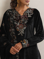 trueBrowns Black Velvet Floral Embroidered Kurta Pant Dupatta Set - Distacart