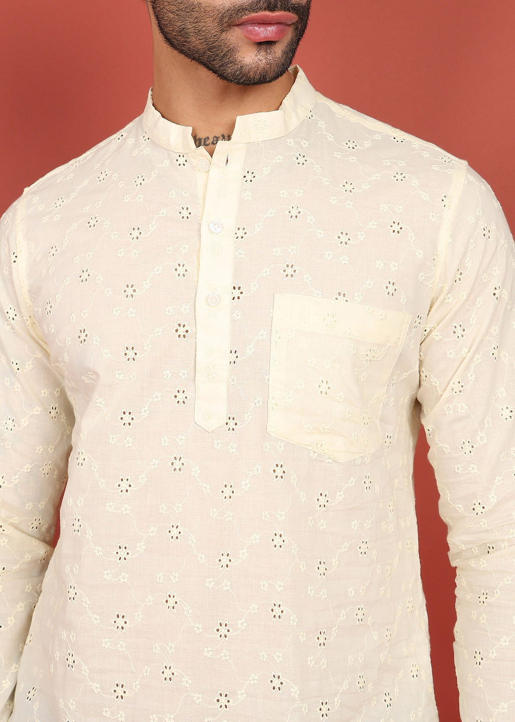 Fabmade Ivory Bloom Embroidered Short Kurta