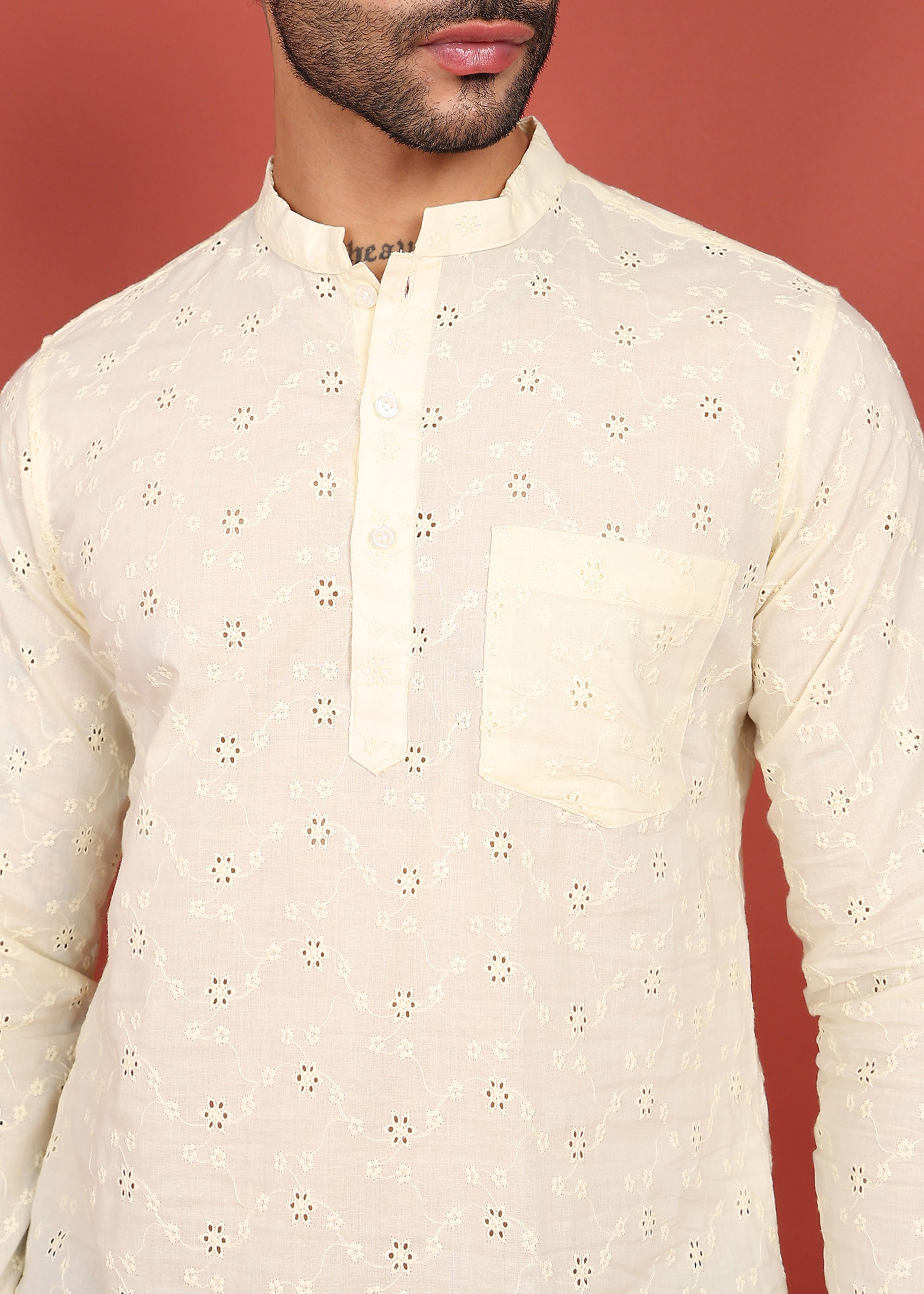 Fabmade Ivory Bloom Embroidered Short Kurta