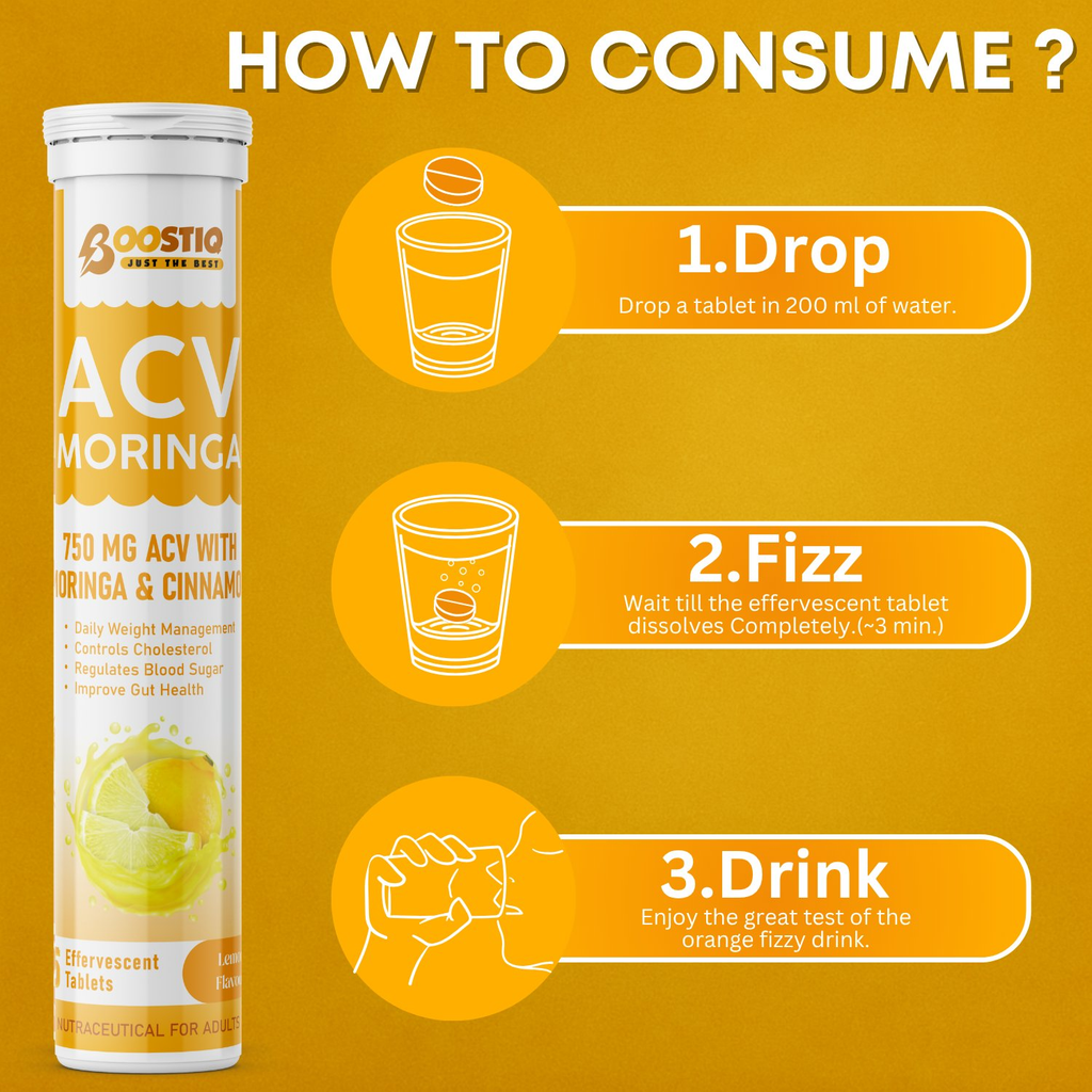BOOSTIQ ACV Moringa & Cinnamon Effervescent Tablets - Lemon Flavour