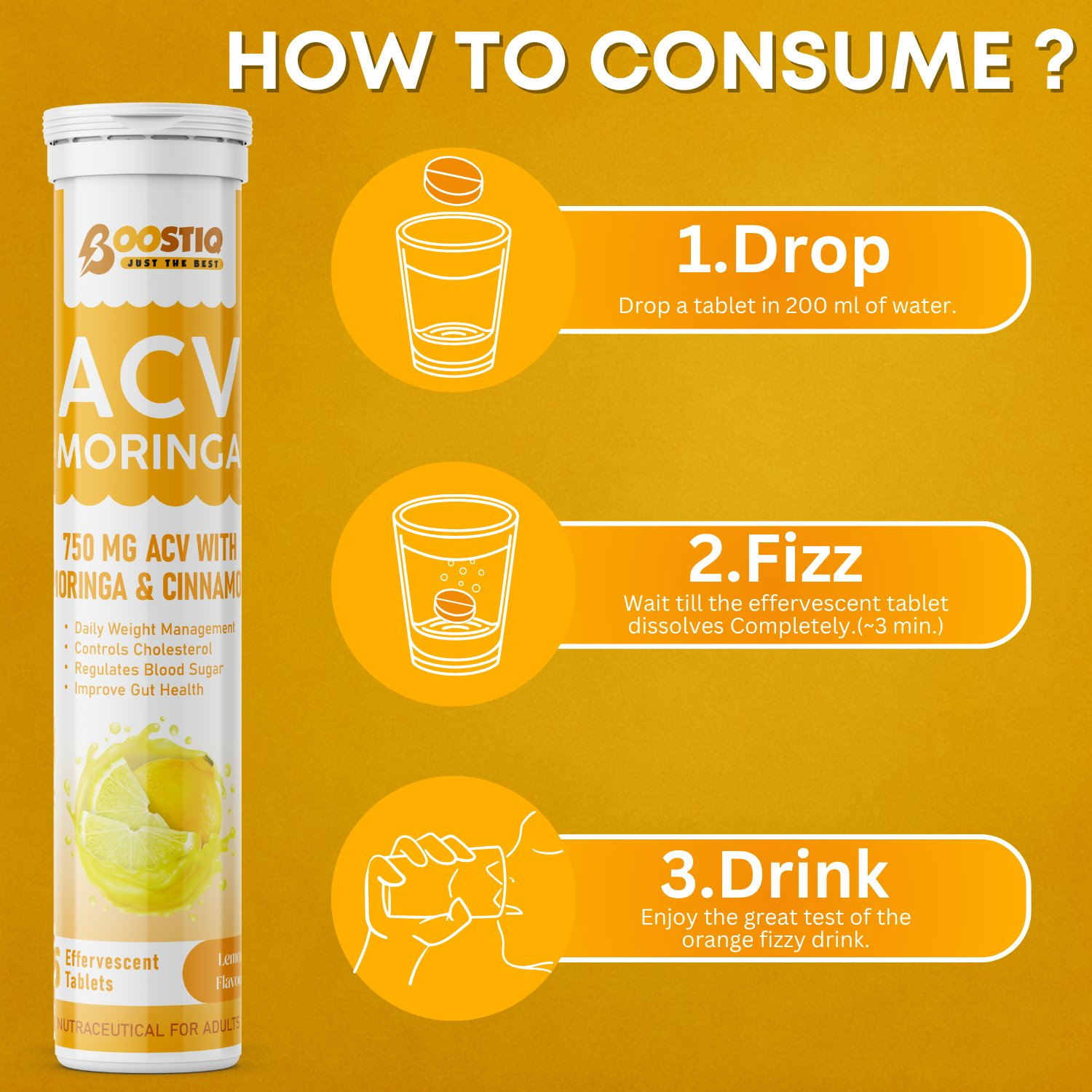 BOOSTIQ ACV Moringa & Cinnamon Effervescent Tablets - Lemon Flavour
