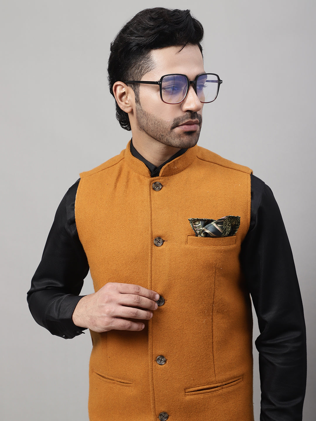 Even Apparels Men's Orange Pure Wool Nehru Jacket