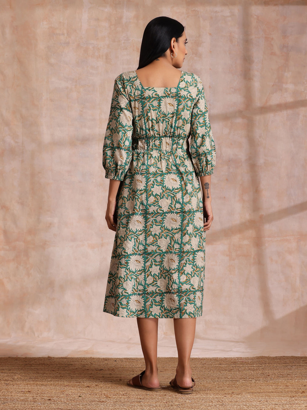 trueBrowns Fern Green Overall Floral Block Print Cotton Square Neck Dress - Distacart