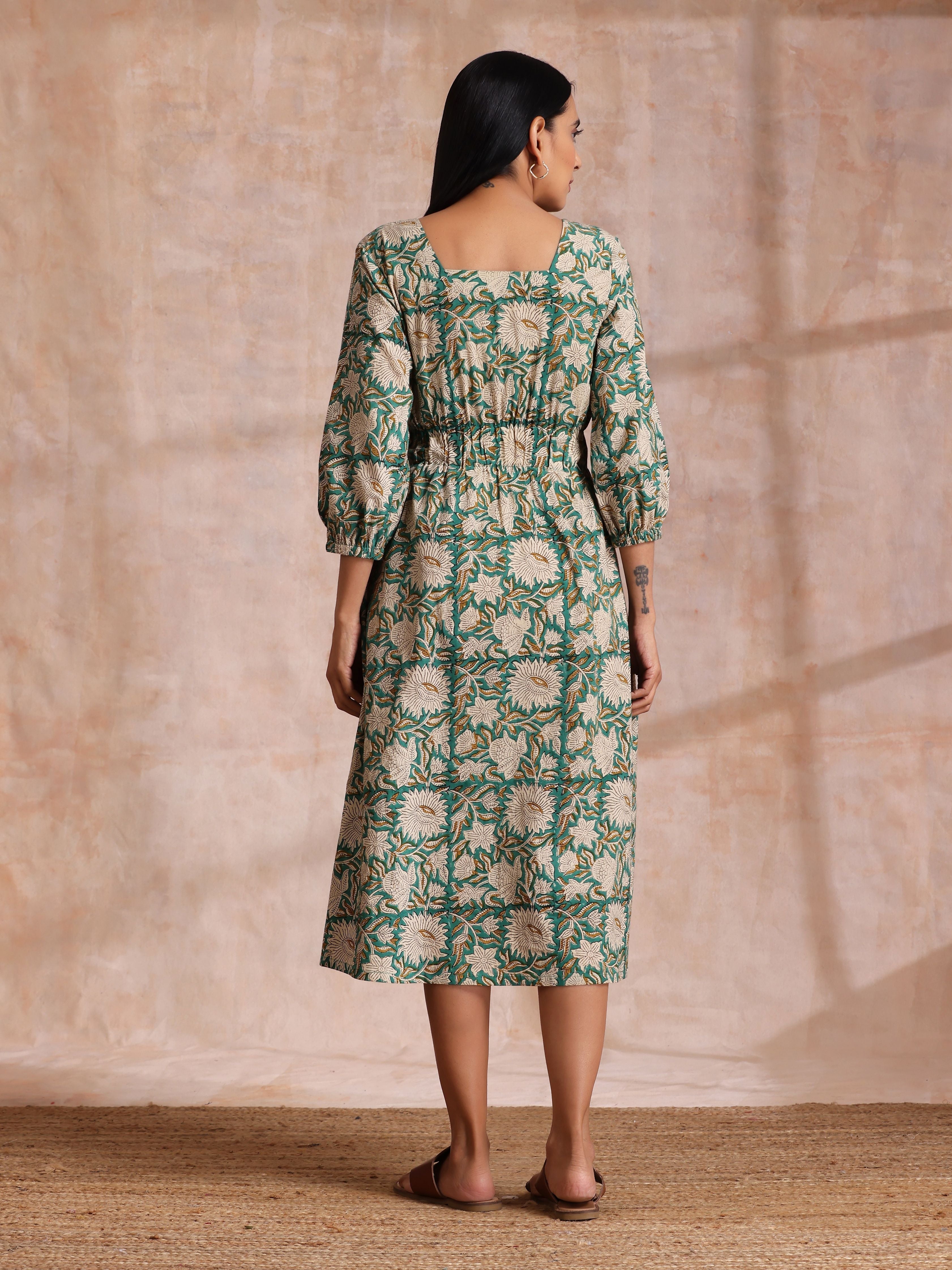 trueBrowns Fern Green Overall Floral Block Print Cotton Square Neck Dress - Distacart