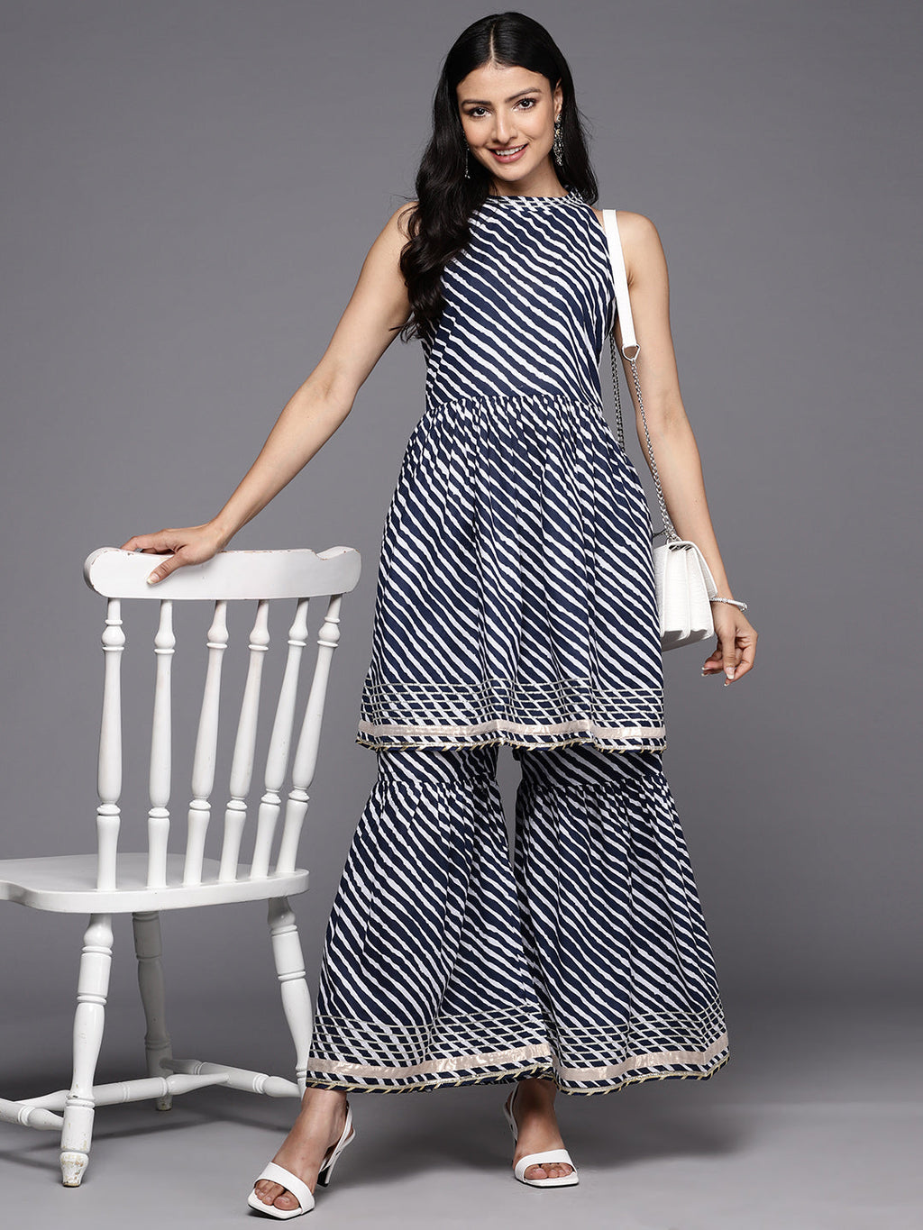 KSUT (House of Varanga) Blue And White Leheriya Halter Neckline Gota Work Kurta With Sharara - Distacart