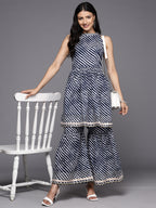 KSUT (House of Varanga) Blue And White Leheriya Halter Neckline Gota Work Kurta With Sharara - Distacart