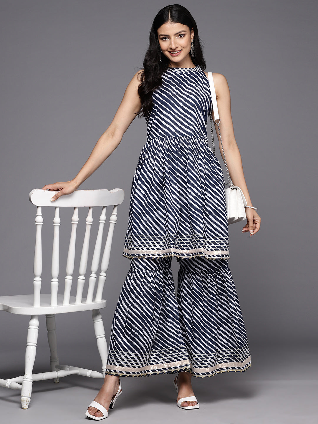 KSUT (House of Varanga) Blue And White Leheriya Halter Neckline Gota Work Kurta With Sharara - Distacart