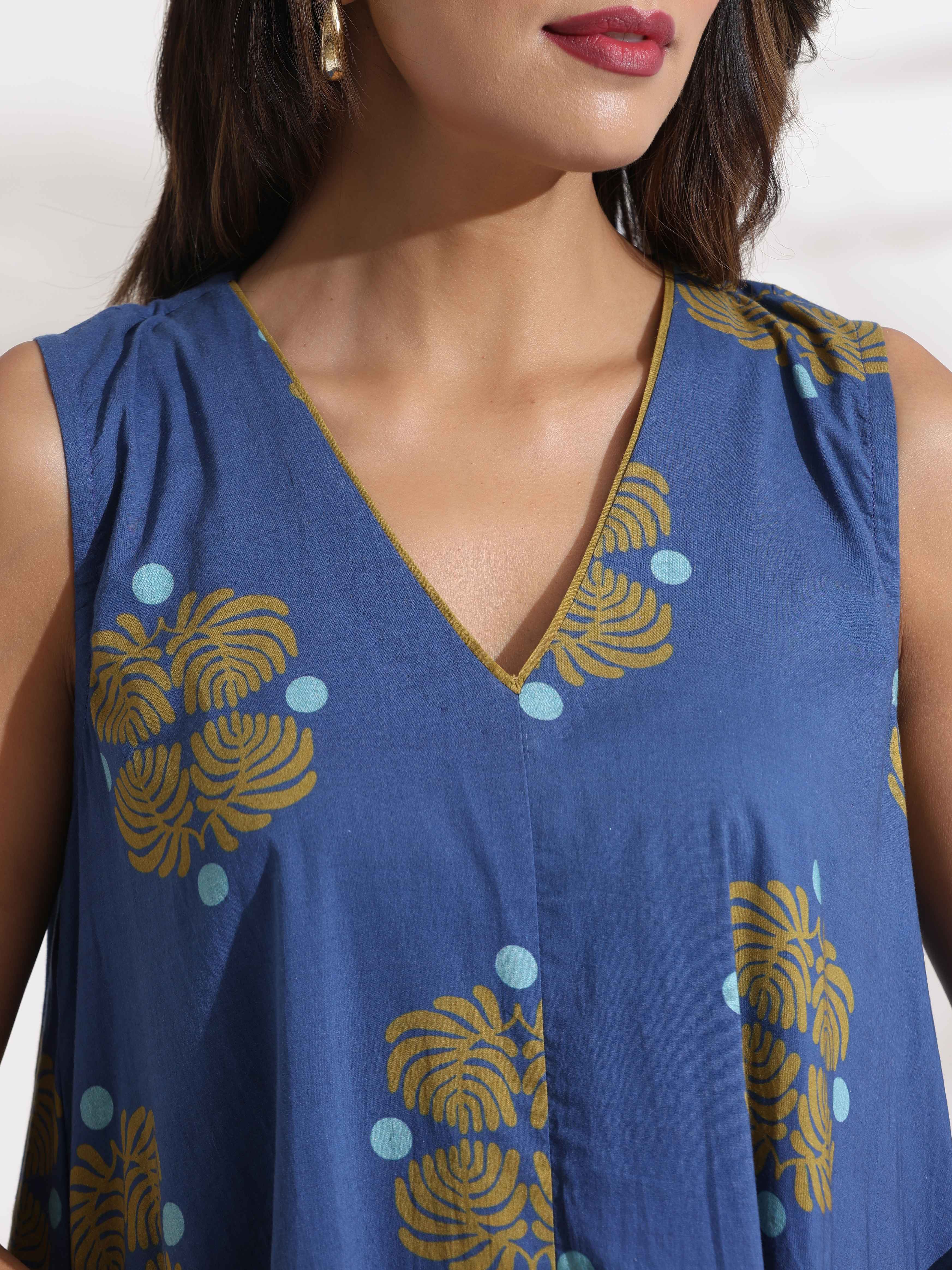 trueBrowns Blue Cotton Print Sleeveless Dress - Distacart