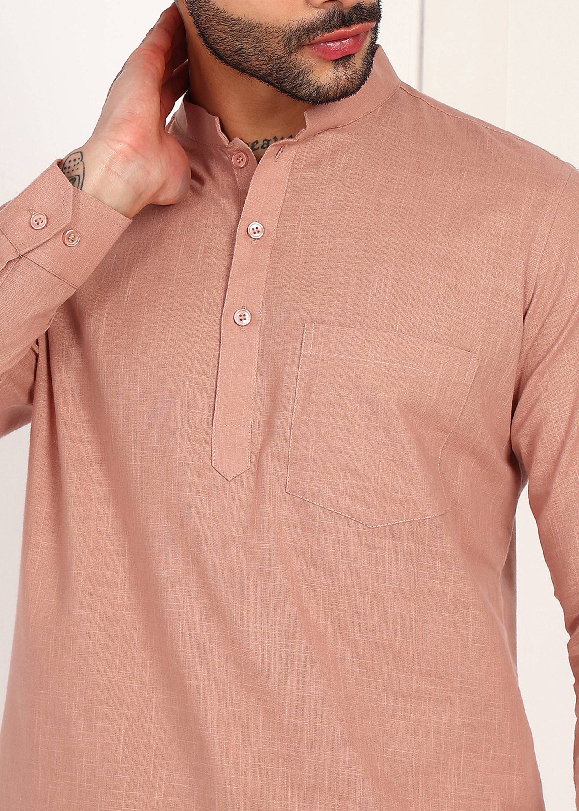 Fabmade Men’S Peach Linen Short Kurta Set
