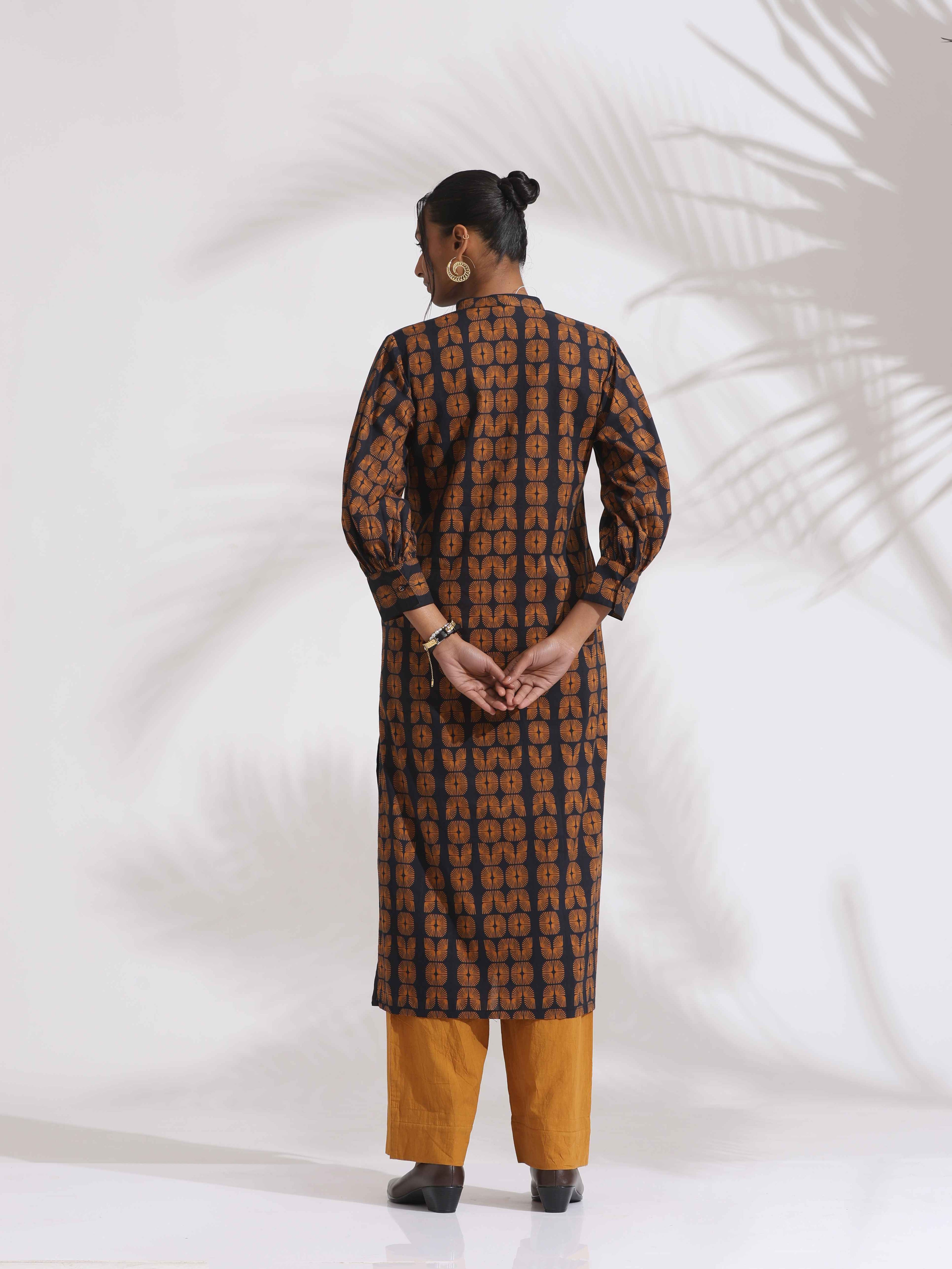 trueBrowns Black Cotton Print Straight Kurta Set - Distacart