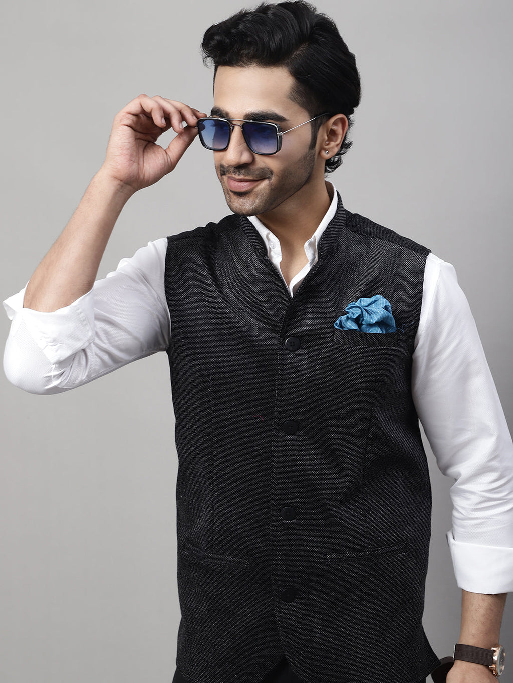 Even Apparels Men's Black Nehru Jacket With Welt Pockets