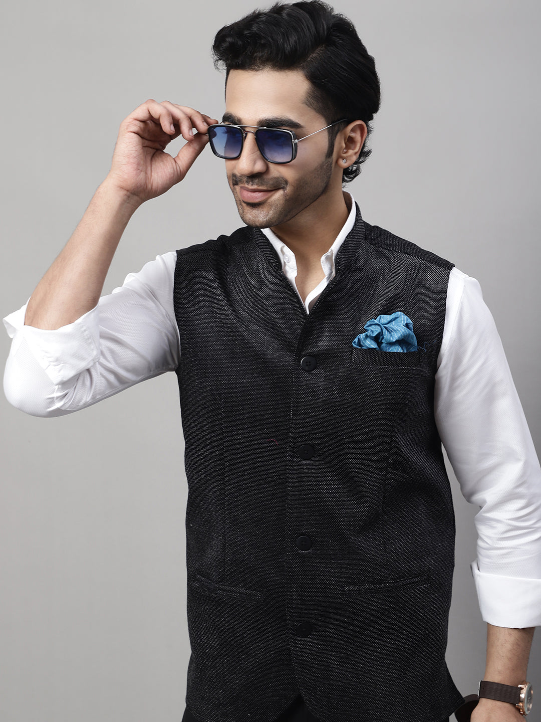 Even Apparels Men's Black Nehru Jacket With Welt Pockets