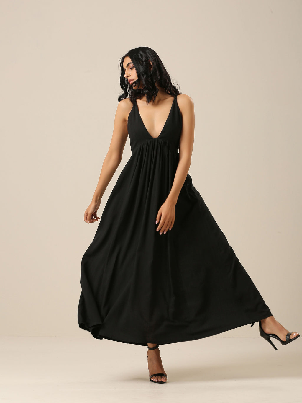trueBrowns Black Slub Texture Sleeveless Dress - Distacart