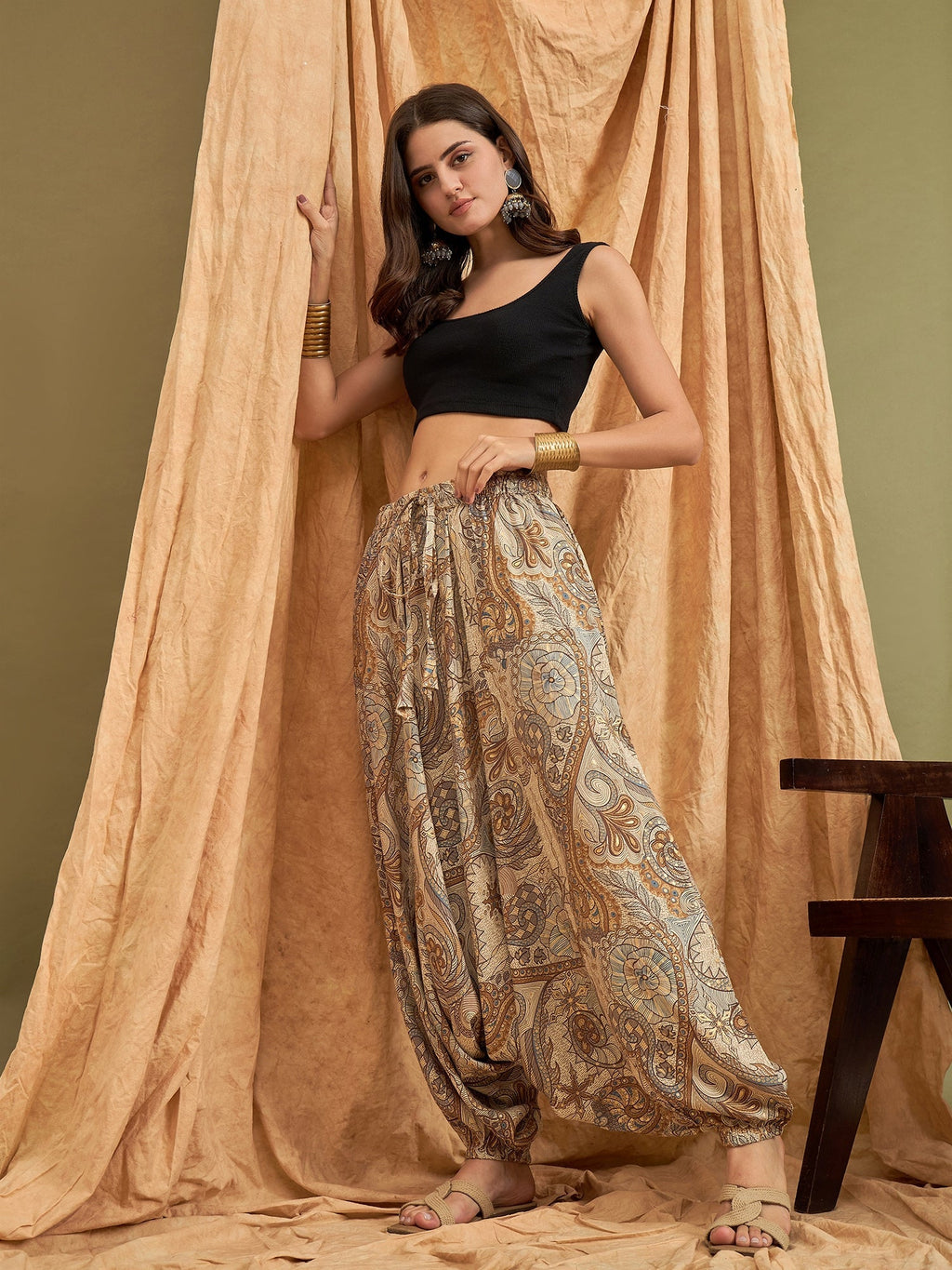 InWeave Beige Paisley Flower Harem Pant
